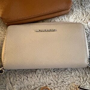 Michael Kors Zip-Around Saffiano Leather Wallet in Beige with Gold Logo